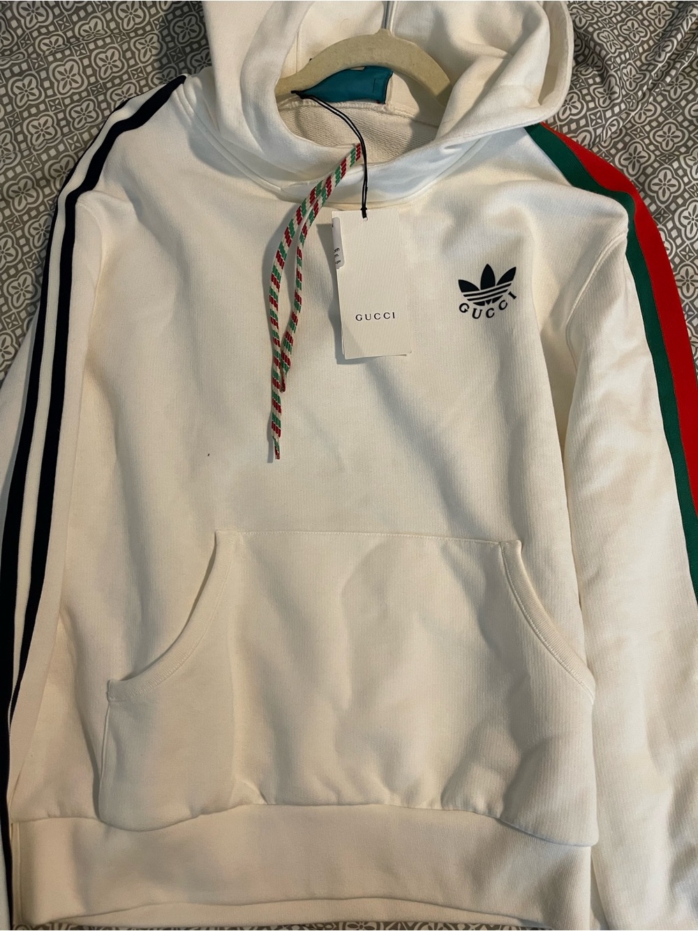 GUCCI x Adidas White Hoodie with Signature Stripe